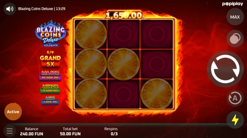 Scáileán cluiche athshuíomh Blazing Coins Deluxe