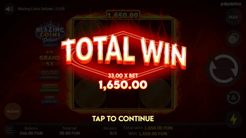 Bua iomlán athshuíomh Blazing Coins Deluxe